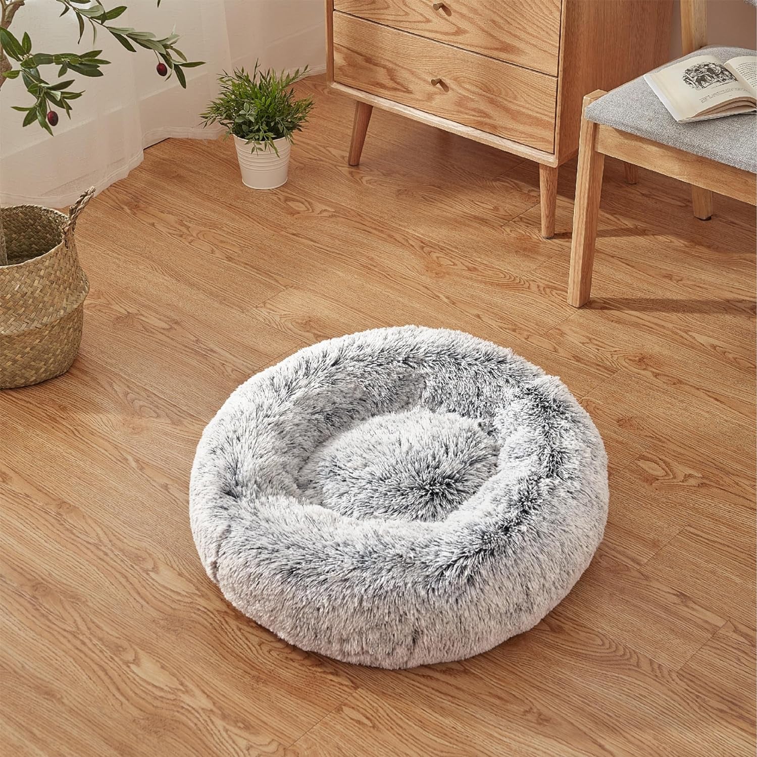 23 Inches Fluffy round Calming Dog Bed Plush Faux Fur, Anxiety Donut Dog Bed for Small Dogs and Cats, Pet Cat Bed with Raised Rim, Machine Washable, Light Grey