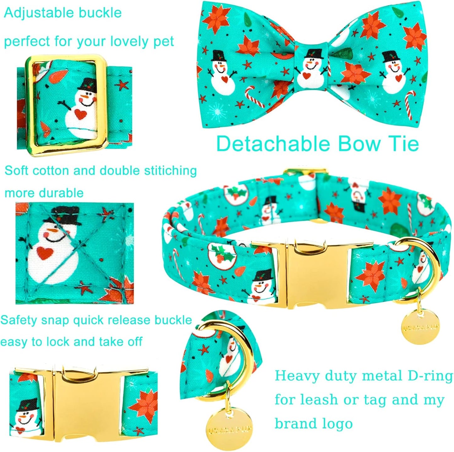 Dog Collar with Bow Tie, Christmas Comfortable Cotton Dog Bowtie Collar, Snowman Collar for Medium Girl Boy Dog, Durable Metal Buckle Green Dog Collar Bowtie, M, Neck 13.5-22In, Winter