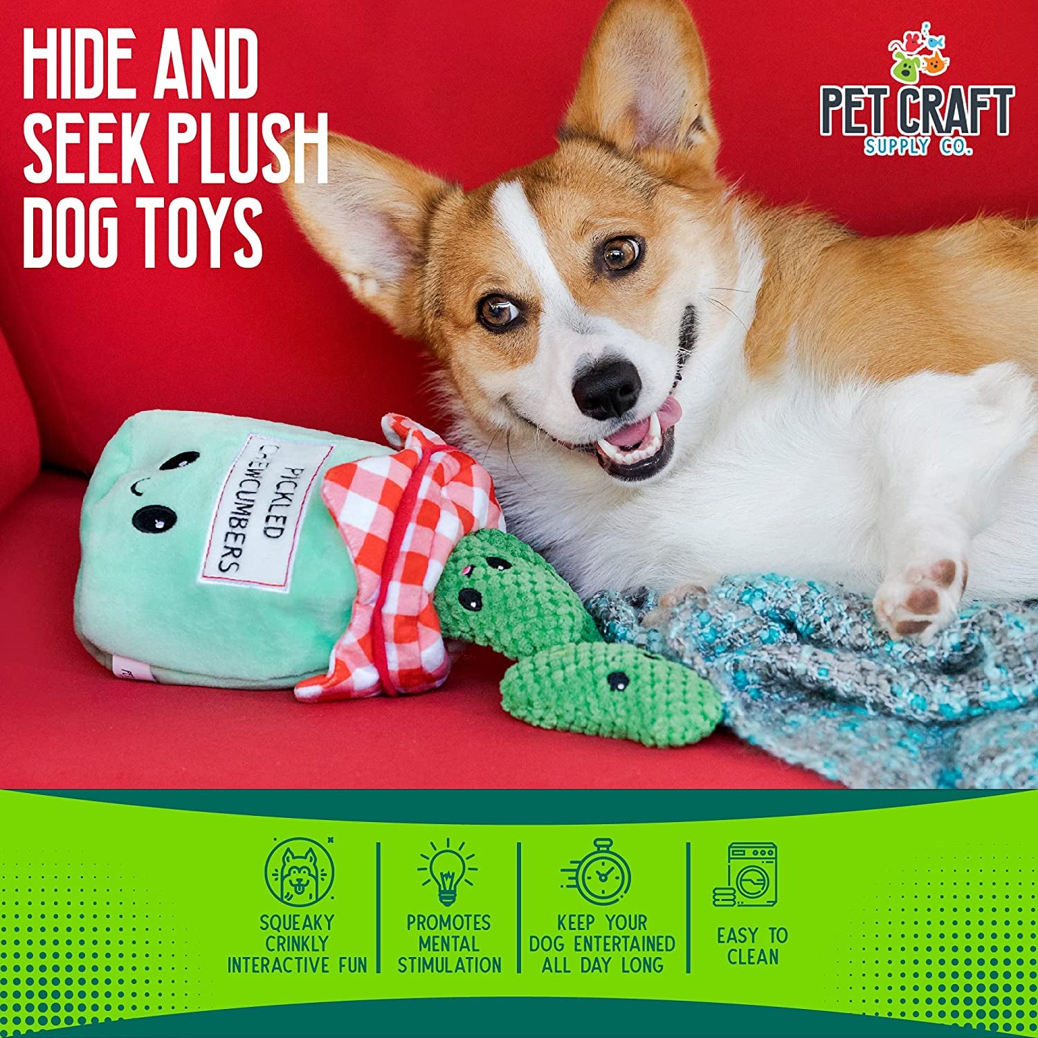 Hide and Seek Plush Dog Toys Crinkle Squeaky Interactive Burrow Activity Puzzle Chew Fetch Treat Hiding Brain Stimulating Cute Funny Toy Bundle Pack -Pickles, for Medium Breeds