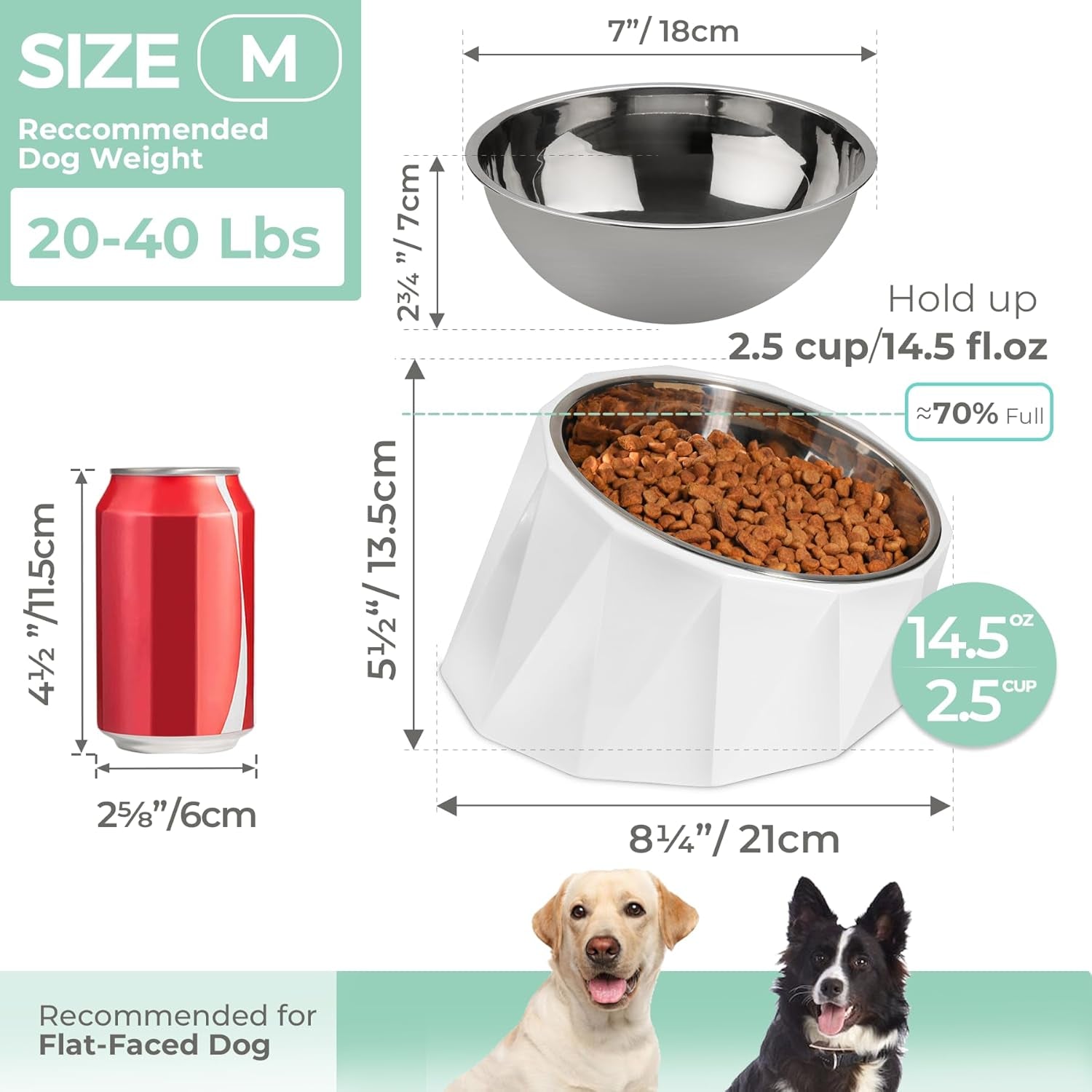 Slanted Dog Bowl for Medium Size Dogs, Tilted Dog Bowls Pet Dishes with Detachable Elevated Stand for Small Medium Dogs and Large Cats, Non-Skid, Non-Slip, Easier to Reach Food, M/2.5Cup, White