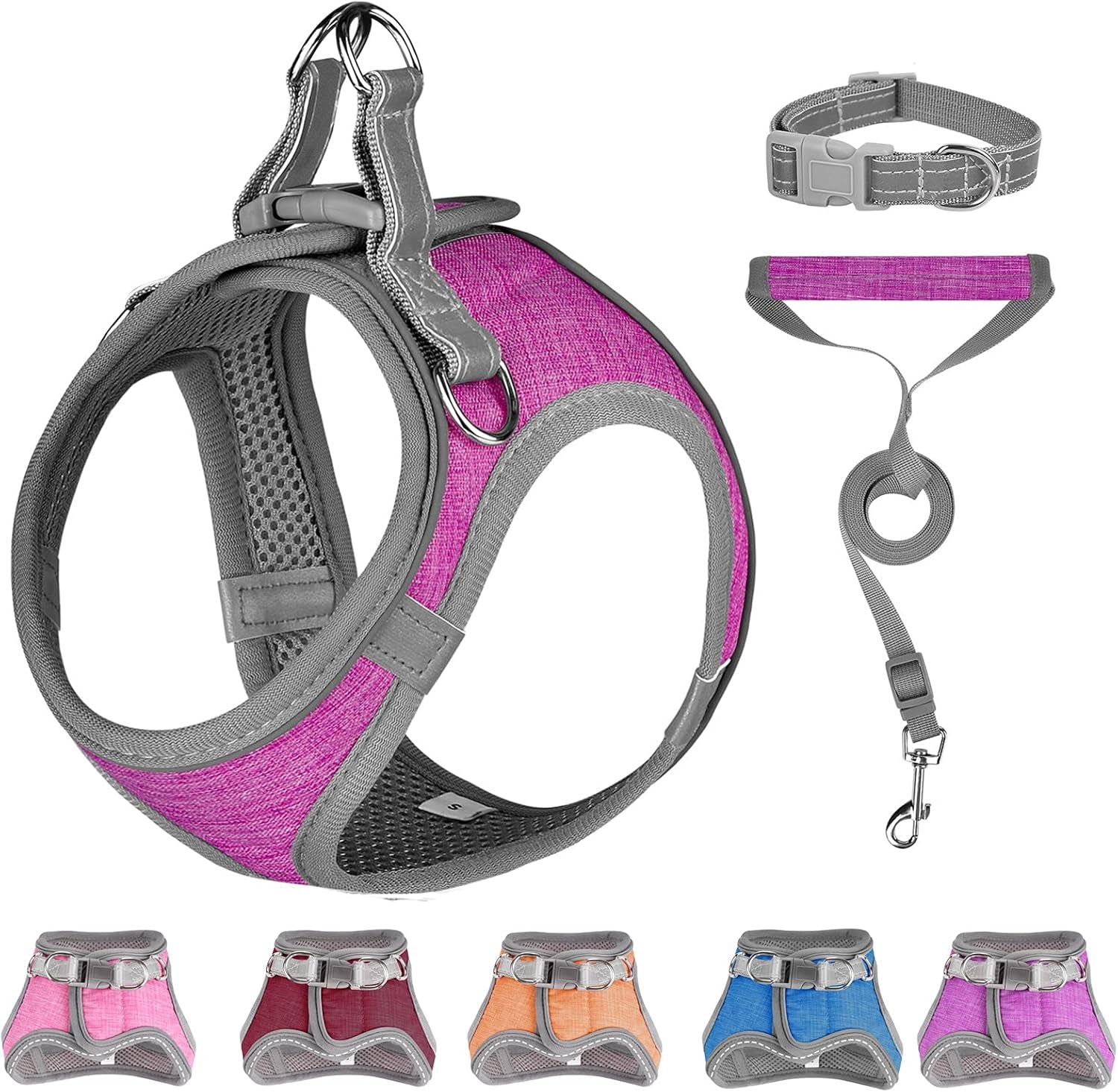 Small Dog Harness, Puppy Harness, Soft Dog Harness and Leash Set with a Reflective Collar for Small Dogs,Comfortable and Reflective Dog Vest Harness, Purple Large