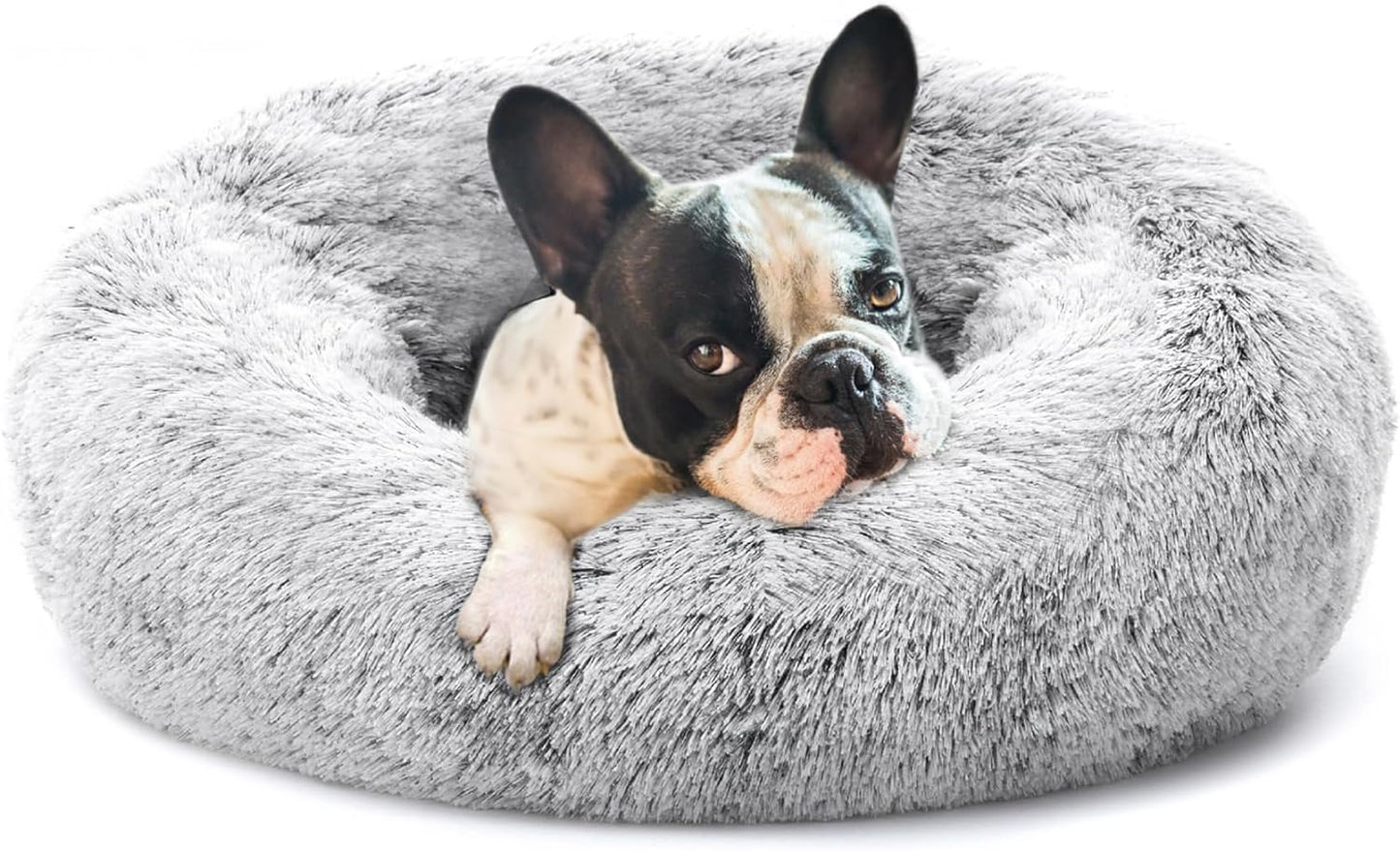 23 Inches Fluffy round Calming Dog Bed Plush Faux Fur, Anxiety Donut Dog Bed for Small Dogs and Cats, Pet Cat Bed with Raised Rim, Machine Washable, Light Grey