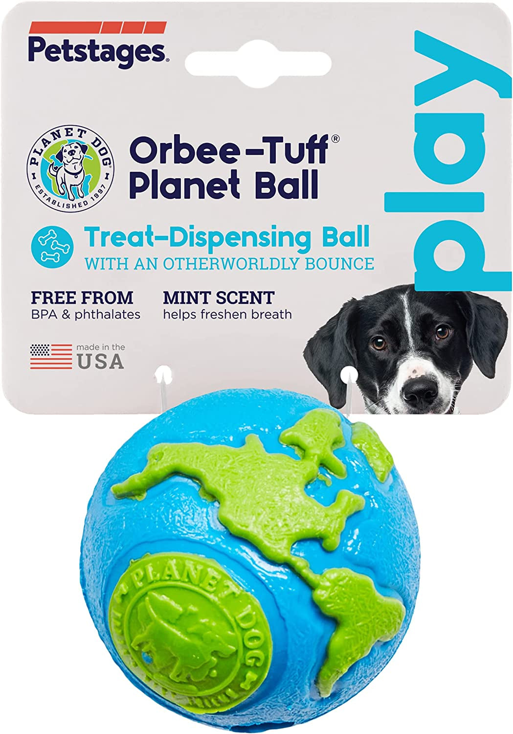 Orbee-Tuff Planet Ball Blue/Green Treat-Dispensing Dog Toy, Medium by Outward Hound