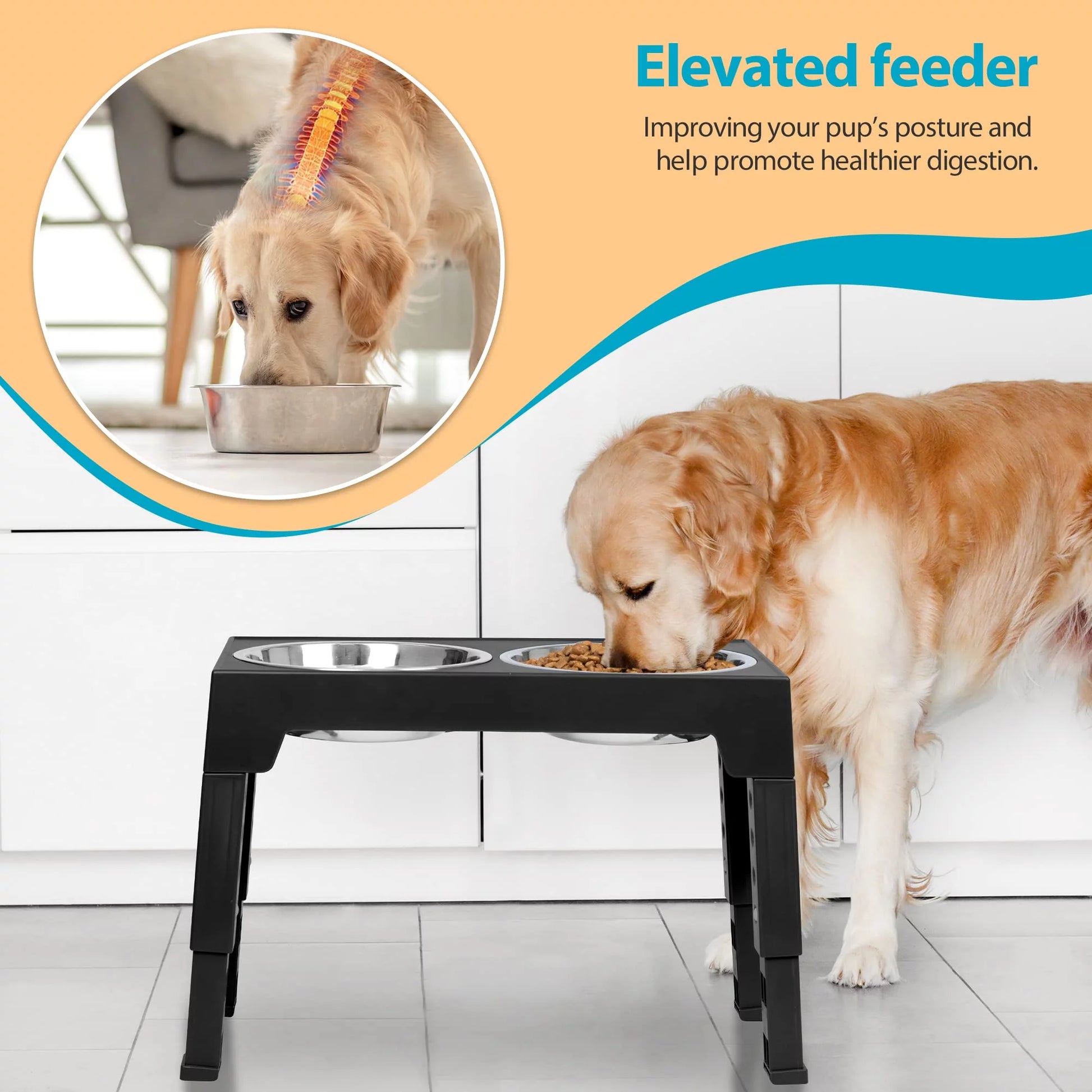 Elevated Dog Bowls Stand with 2 Stainless Steel Dishes, Raised Dog Bowl Adjusts to 5 Heights (3.15", 8.9", 10",11.2", 12.4") for Medium and Large Dogs（Black）