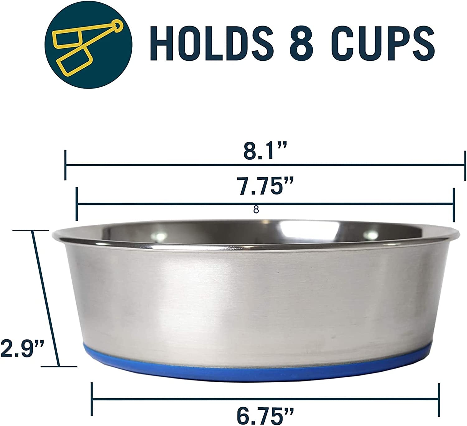 Ourpets Durapet Premium Dishwasher Safe Stainless Steel Dog Bowl for Food or Water [Multiple Sizes for Small to Large Dogs] in Traditional or Wide Base Design - 8 CUP