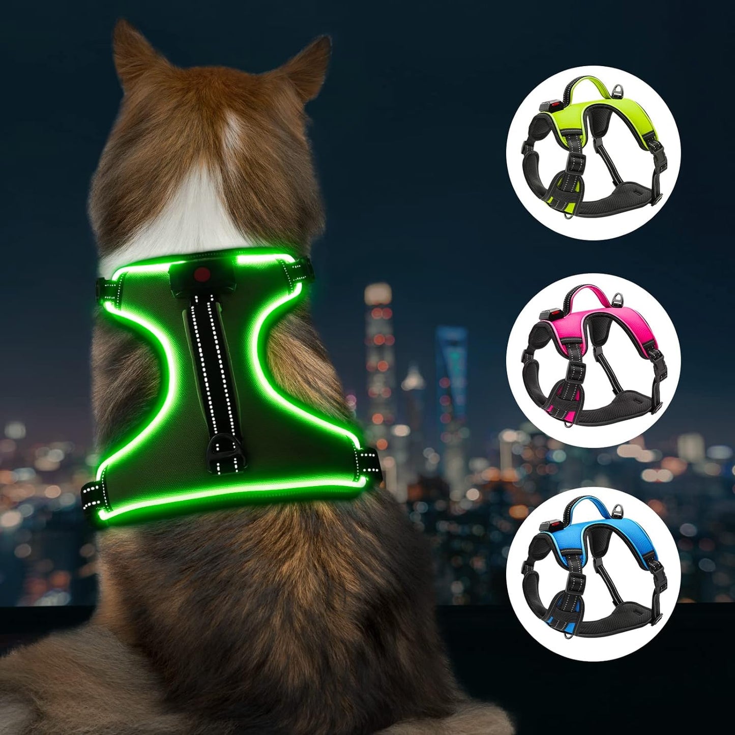 LED Dog Harness- Durable Light up Dog Harness, Reflective Dog Harness Light, Adjustable LED Dog Coat for Small, Medium and Large Dogs (Medium, Green)