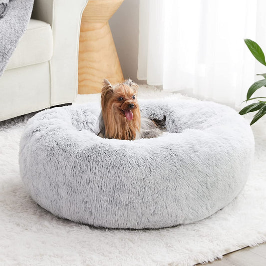 Luxury Calming Pet Bed for Small Dogs and Cats - Anti-Anxiety Donut Design with Fluffy Faux Fur Cushion (24 x 24 Inch, Light Grey)