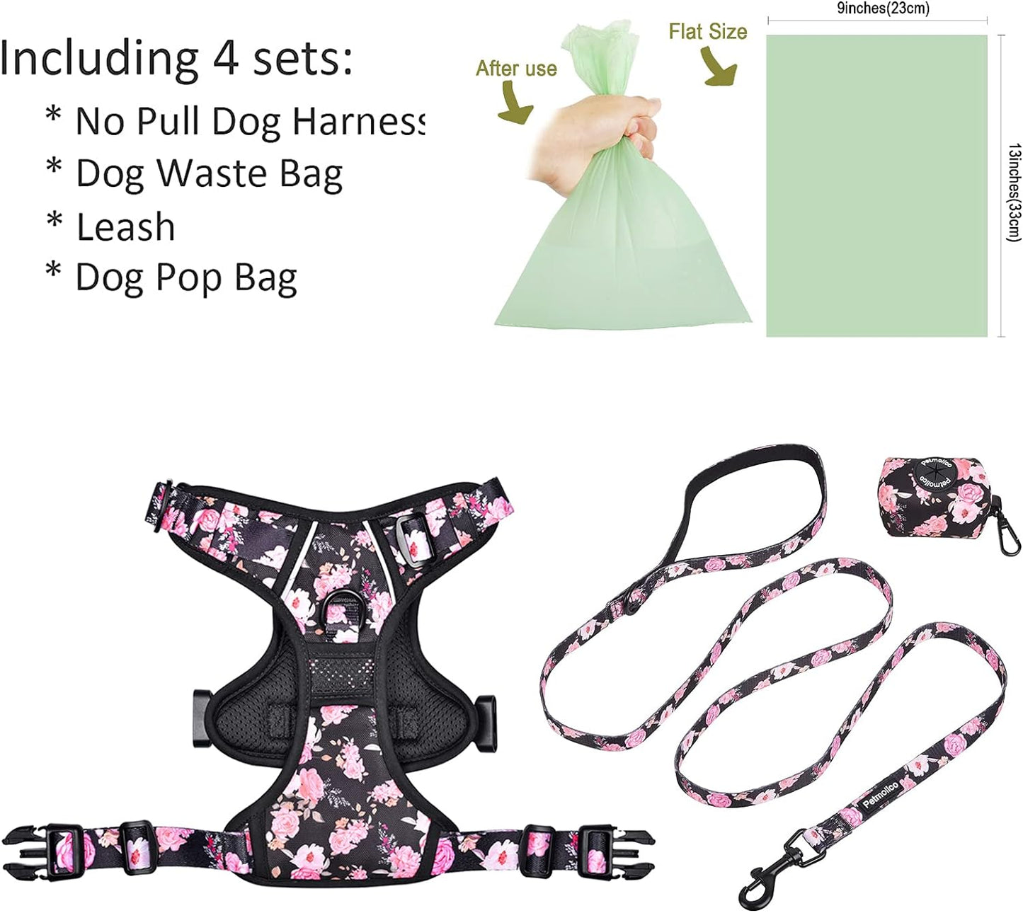 No Pull Dog Harness Set, 2 Leash Attchment Easy Control Handle Reflective Vest Dog Harness Small Breed, Small Dogs Harness and Leash Set with Poop Bag Holder, Small Pink Rose