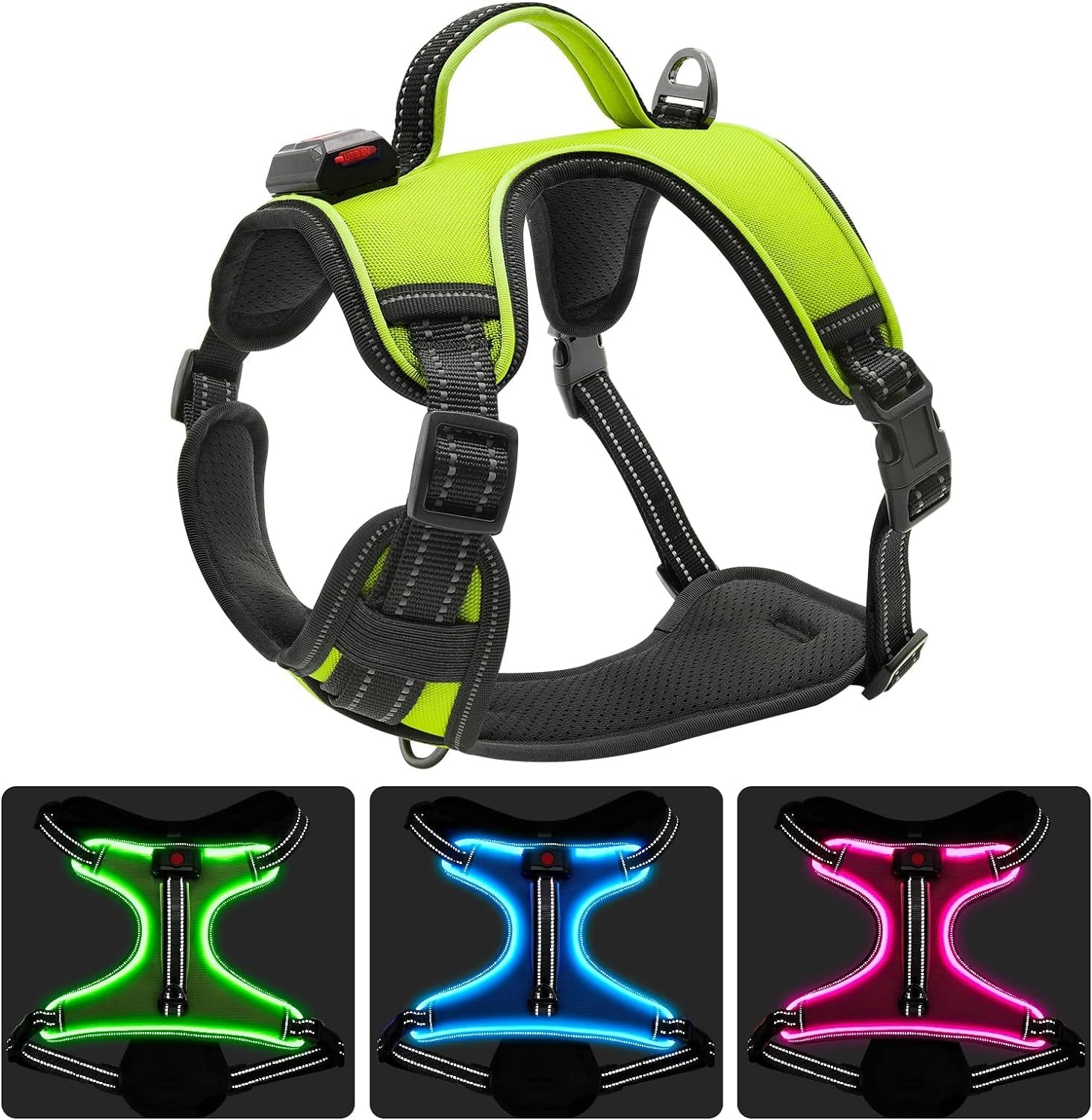 LED Dog Harness- Durable Light up Dog Harness, Reflective Dog Harness Light, Adjustable LED Dog Coat for Small, Medium and Large Dogs (Medium, Green)