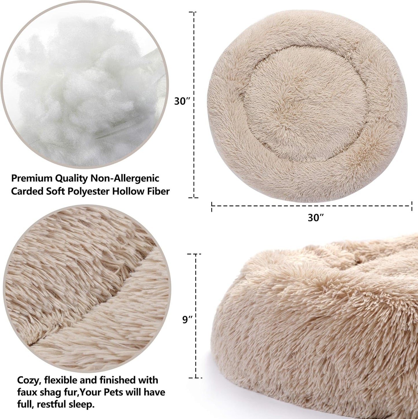 Donut Dog Bed Calming Ultra Soft Shag Faux Fur Dog Bed Comfortable Donut Cuddler for Dogs and Cats,Self-Warming and Washable (30Inches, Beige)