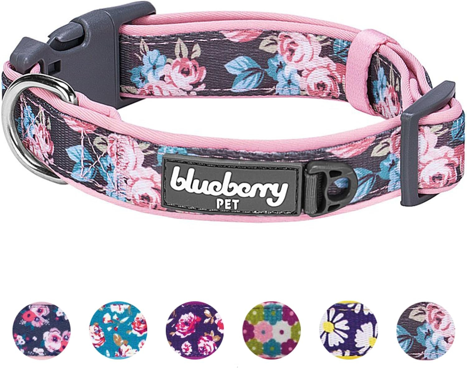 6 Patterns Soft & Comfy Welcoming Spring Rose Flower Prints Girly Padded Dog Collar, Medium, Neck 14.5"-20", Adjustable Collars for Dogs