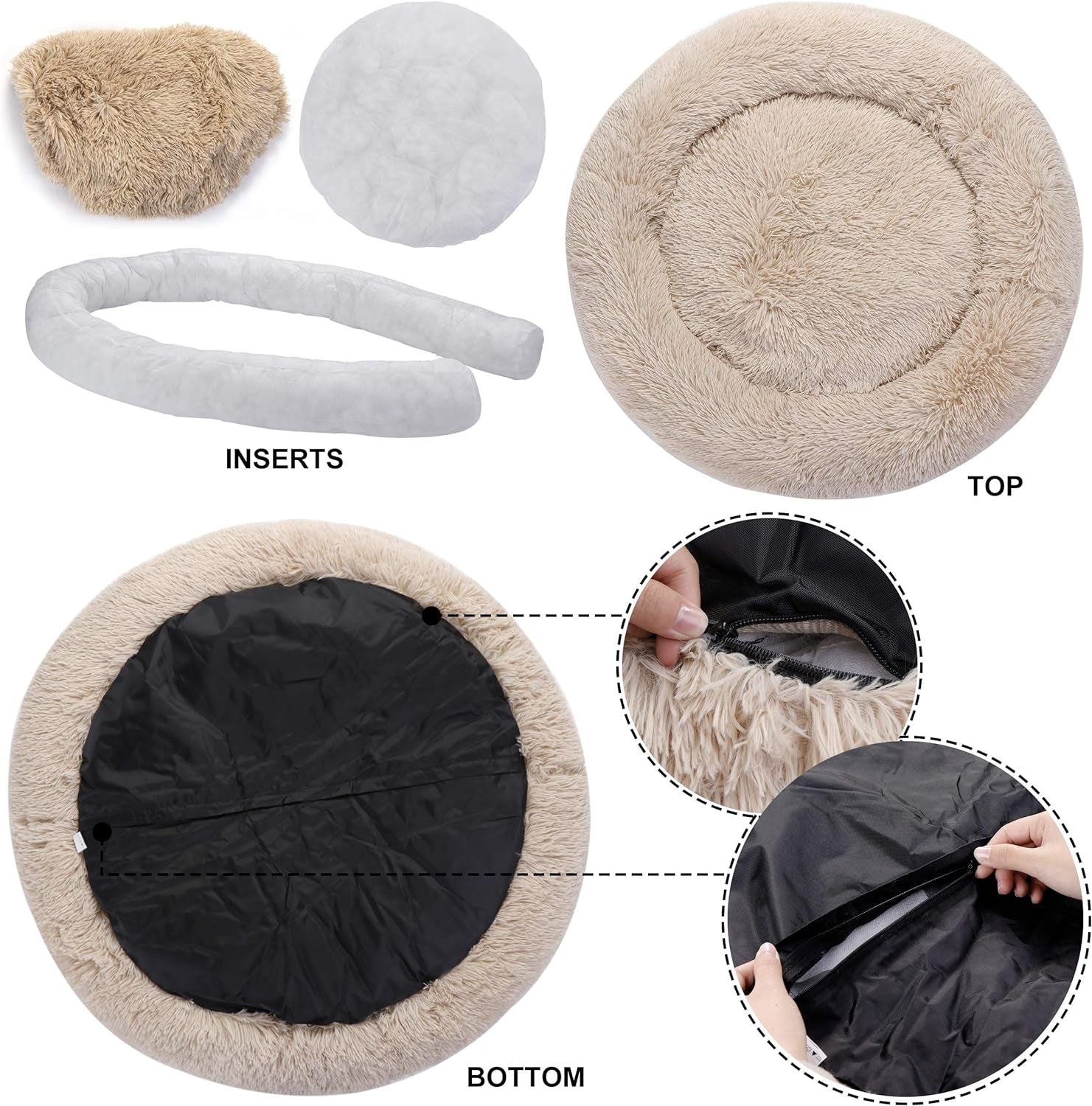 Donut Dog Bed Calming Ultra Soft Shag Faux Fur Dog Bed Comfortable Donut Cuddler for Dogs and Cats,Self-Warming and Washable (30Inches, Beige)