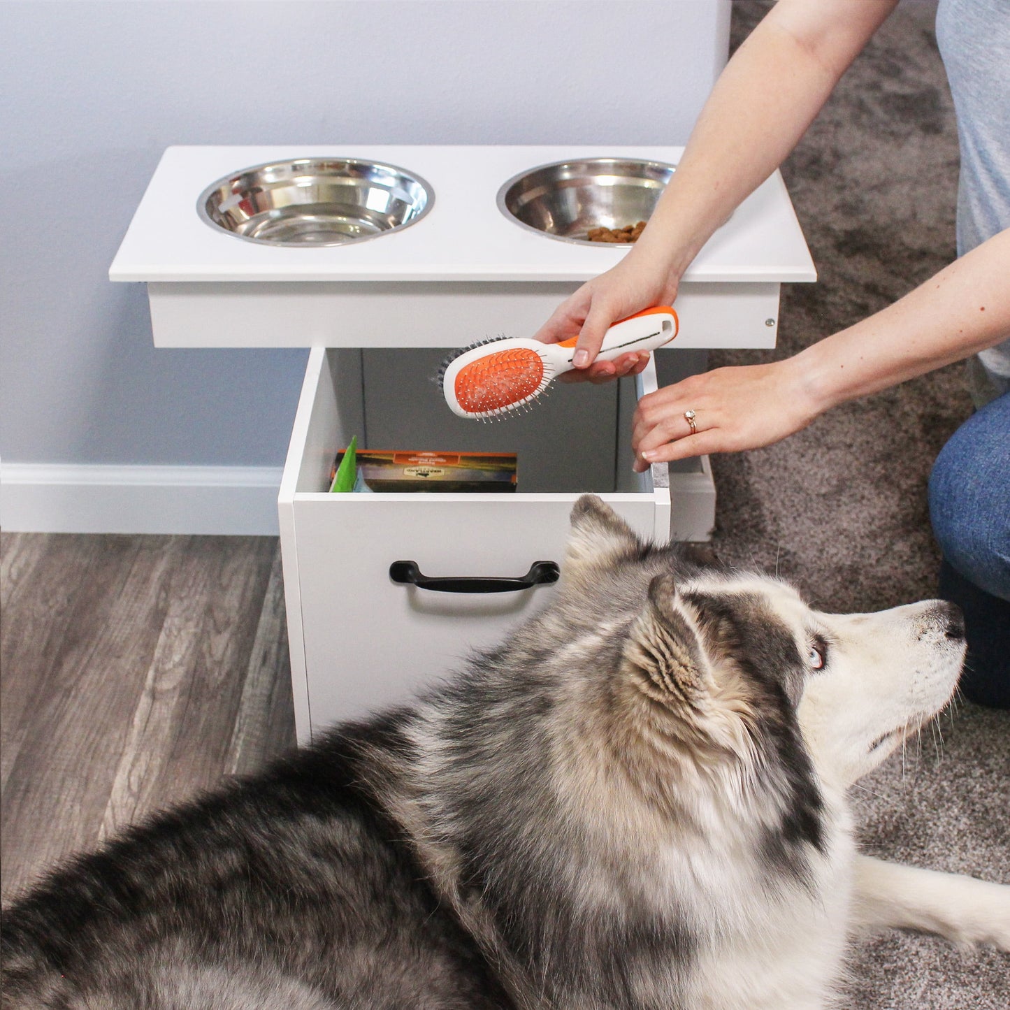 Elevated Dog Bowl with Storage - Raised Dog Bowl Stand Large Feeder Station