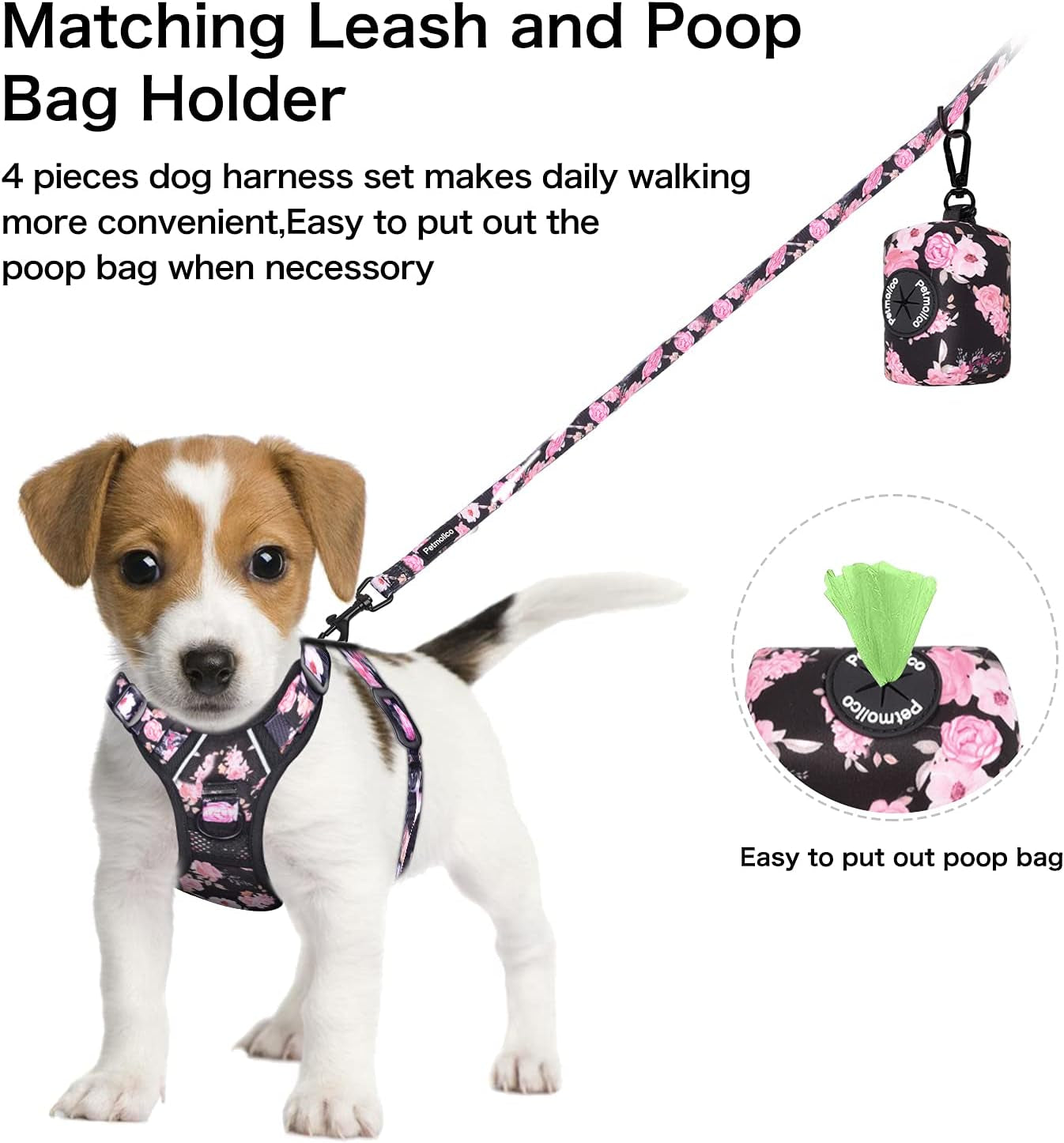 No Pull Dog Harness Set, 2 Leash Attchment Easy Control Handle Reflective Vest Dog Harness Small Breed, Small Dogs Harness and Leash Set with Poop Bag Holder, Small Pink Rose