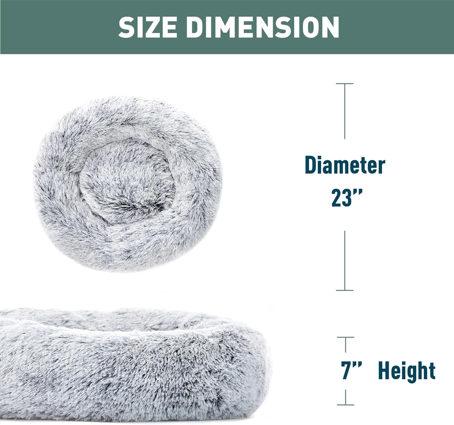 23 Inches Fluffy round Calming Dog Bed Plush Faux Fur, Anxiety Donut Dog Bed for Small Dogs and Cats, Pet Cat Bed with Raised Rim, Machine Washable, Light Grey