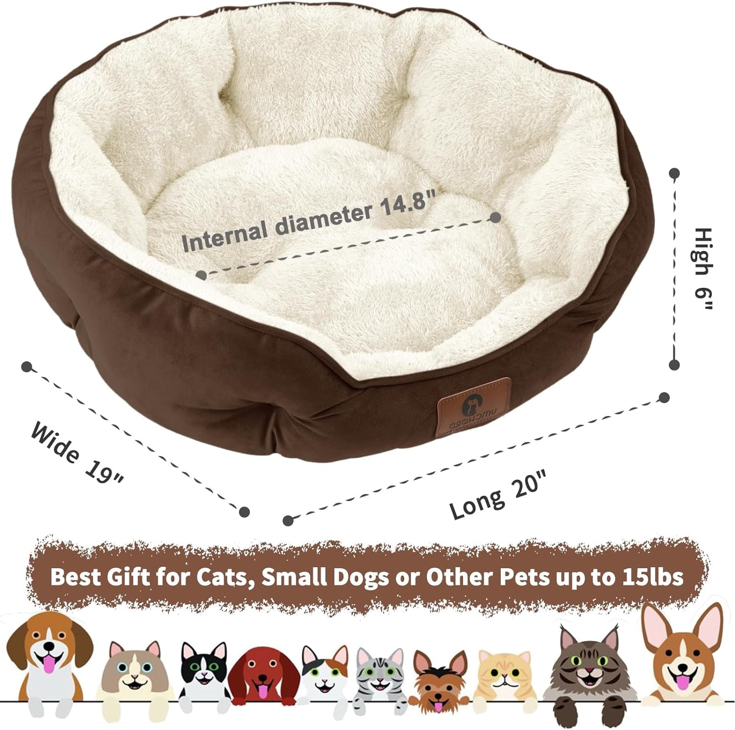 Pet Bed for Small Dogs - Extra Soft, Machine Washable, Anti-Slip Bottom - Brown, 20 Inches