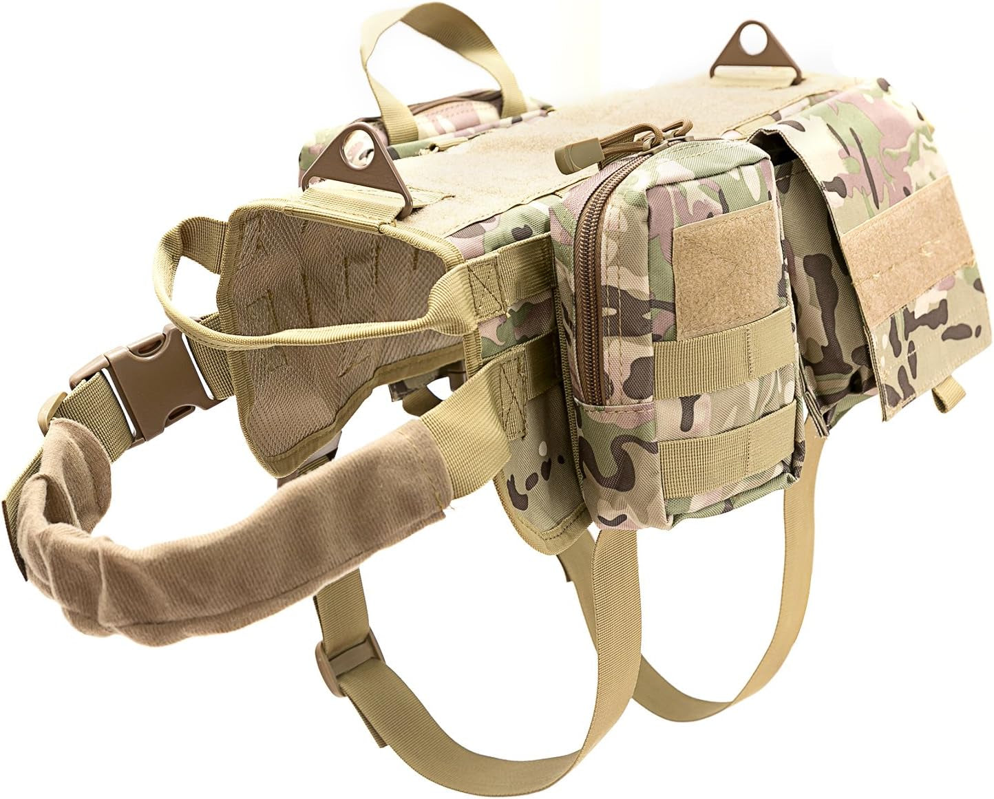 Dog Tactical Harness Molle Vest Adjustable Service Outdoor Training Harness with 3 Detachable Pouches Camouflage Size M