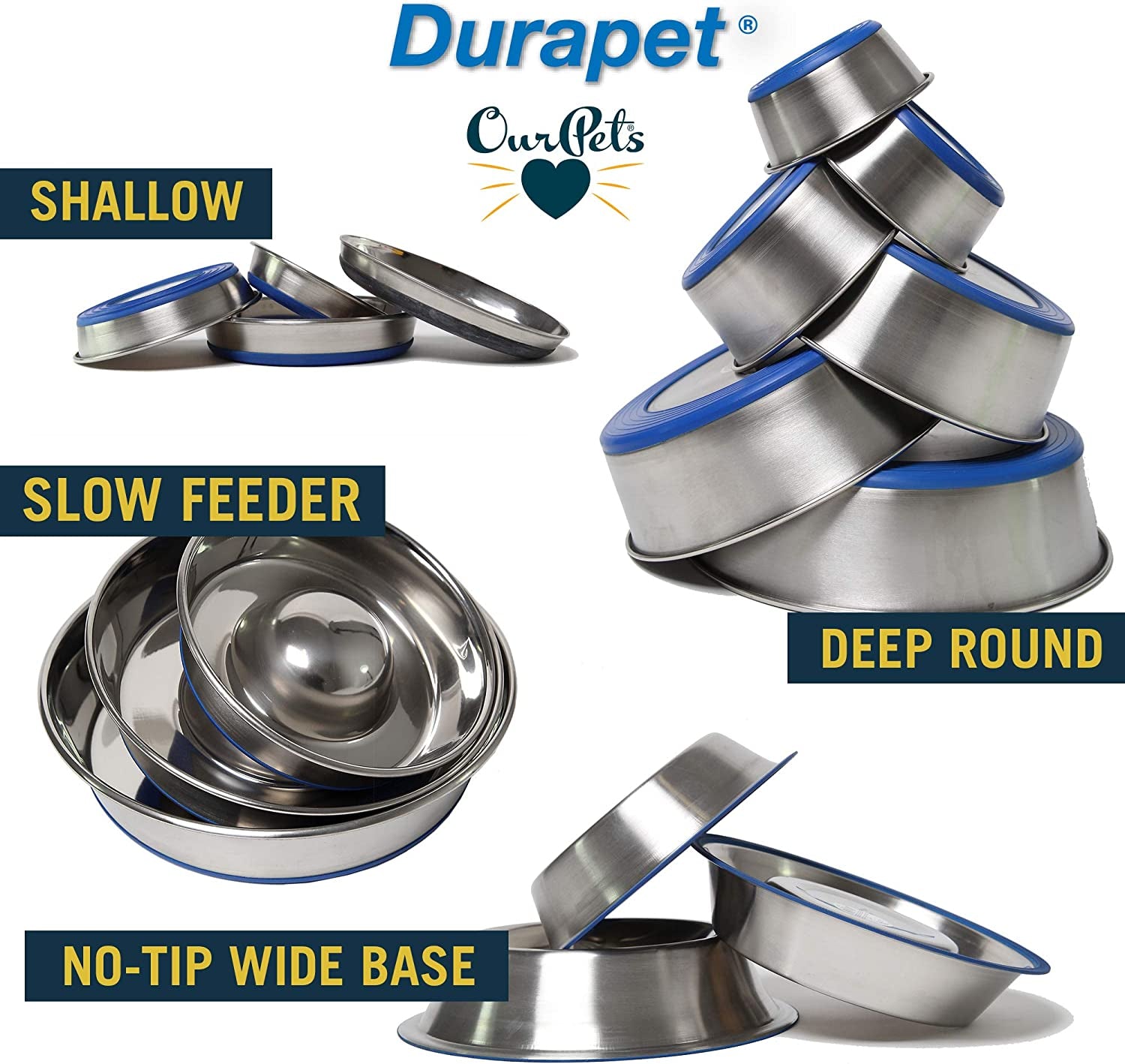 Ourpets Durapet Premium Dishwasher Safe Stainless Steel Dog Bowl for Food or Water [Multiple Sizes for Small to Large Dogs] in Traditional or Wide Base Design - 8 CUP