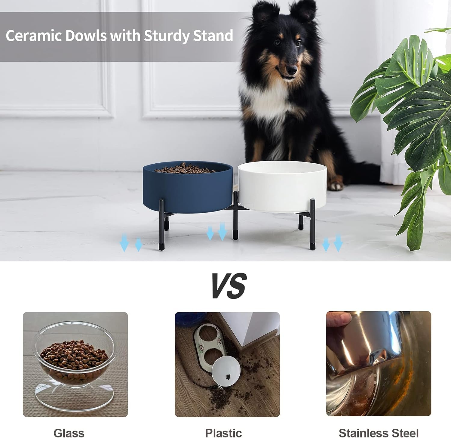 32 Oz Ceramic Dog Cat Bowl with Elevated Metal Stand, 6 Inch Ceramic Pet Dish for Food and Water, Pet Feeder Bowls for Cats & Dogs - Set of 2 (White & Blue)