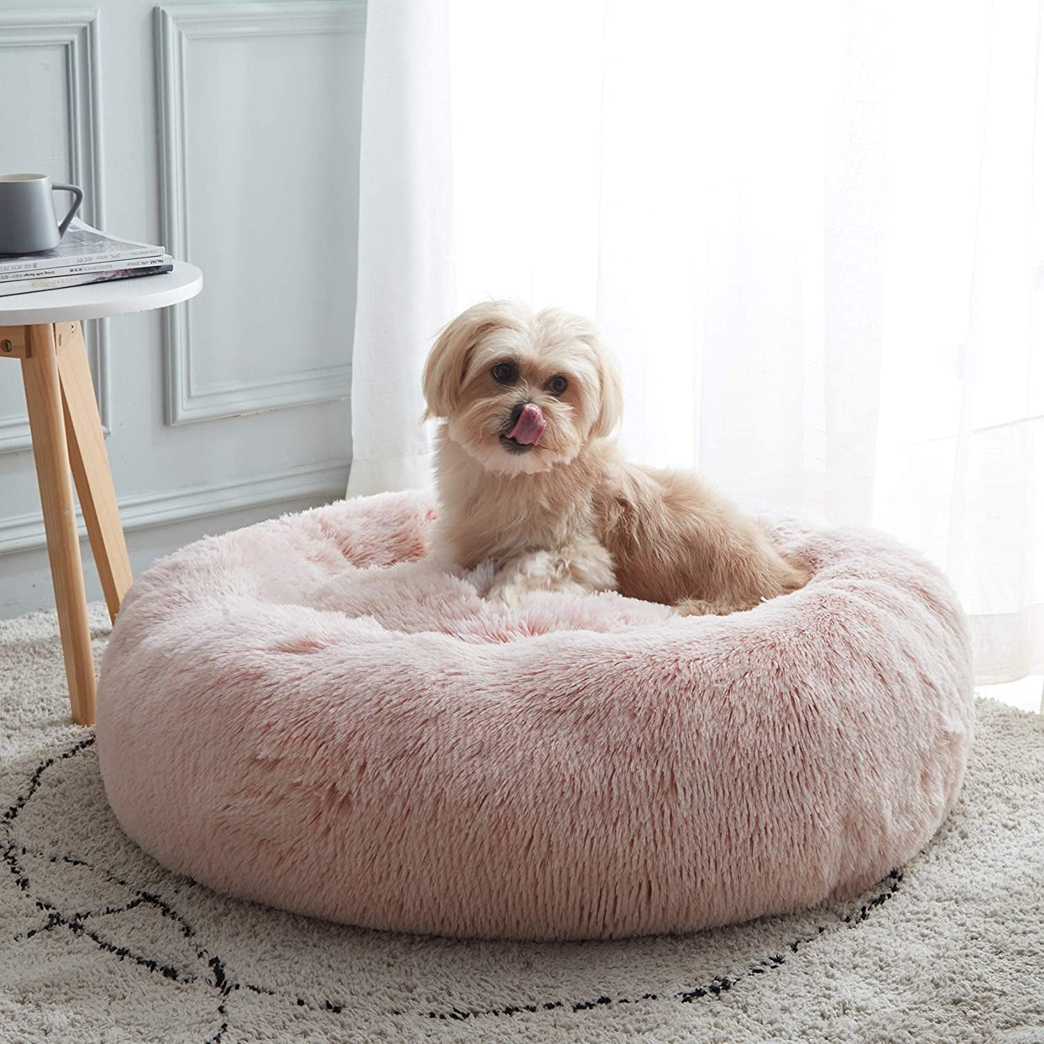 Calming Dog & Cat Bed, Anti-Anxiety Donut Cuddler Warming Cozy Soft round Bed, Fluffy Faux Fur Plush Cushion Bed for Small Medium Dogs and Cats