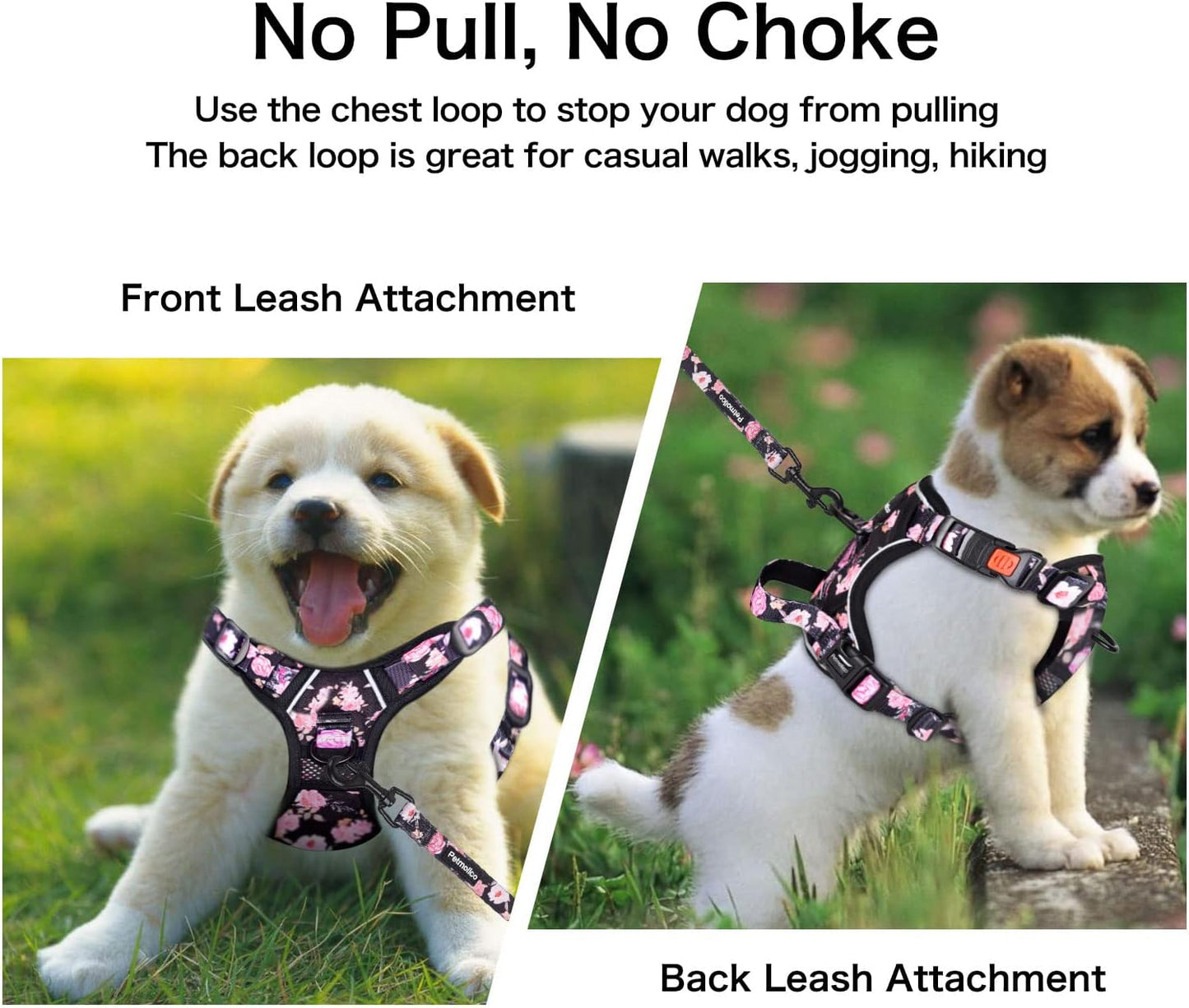 No Pull Dog Harness Set, 2 Leash Attchment Easy Control Handle Reflective Vest Dog Harness Small Breed, Small Dogs Harness and Leash Set with Poop Bag Holder, Small Pink Rose