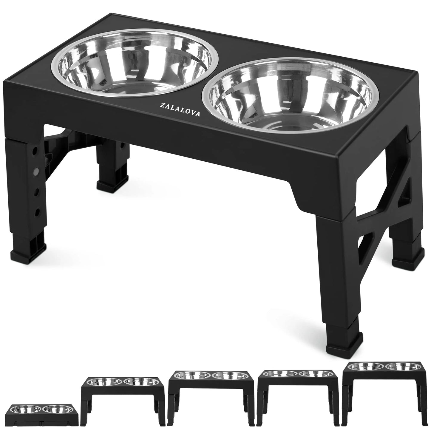 Elevated Dog Bowls Stand with 2 Stainless Steel Dishes, Raised Dog Bowl Adjusts to 5 Heights (3.15", 8.9", 10",11.2", 12.4") for Medium and Large Dogs（Black）