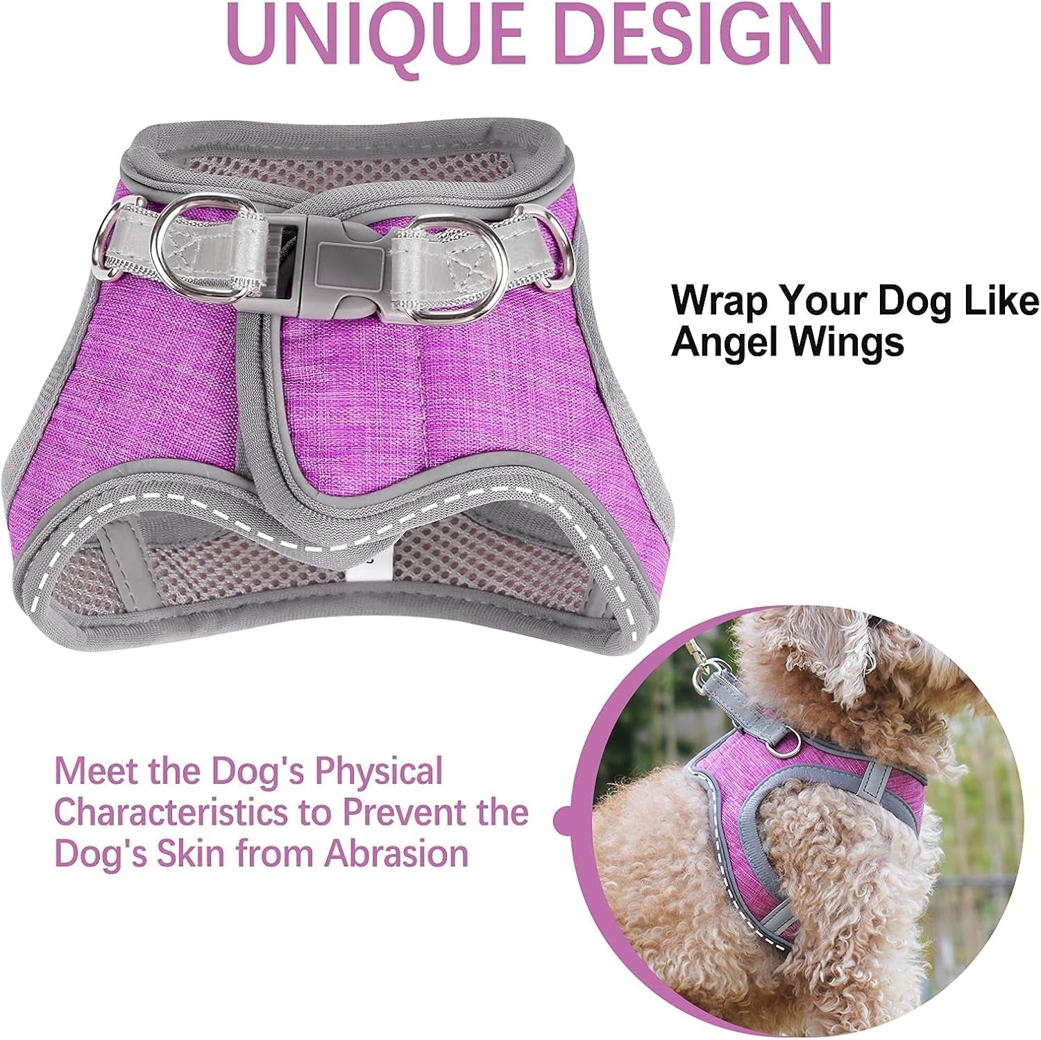 Small Dog Harness, Puppy Harness, Soft Dog Harness and Leash Set with a Reflective Collar for Small Dogs,Comfortable and Reflective Dog Vest Harness, Purple Large