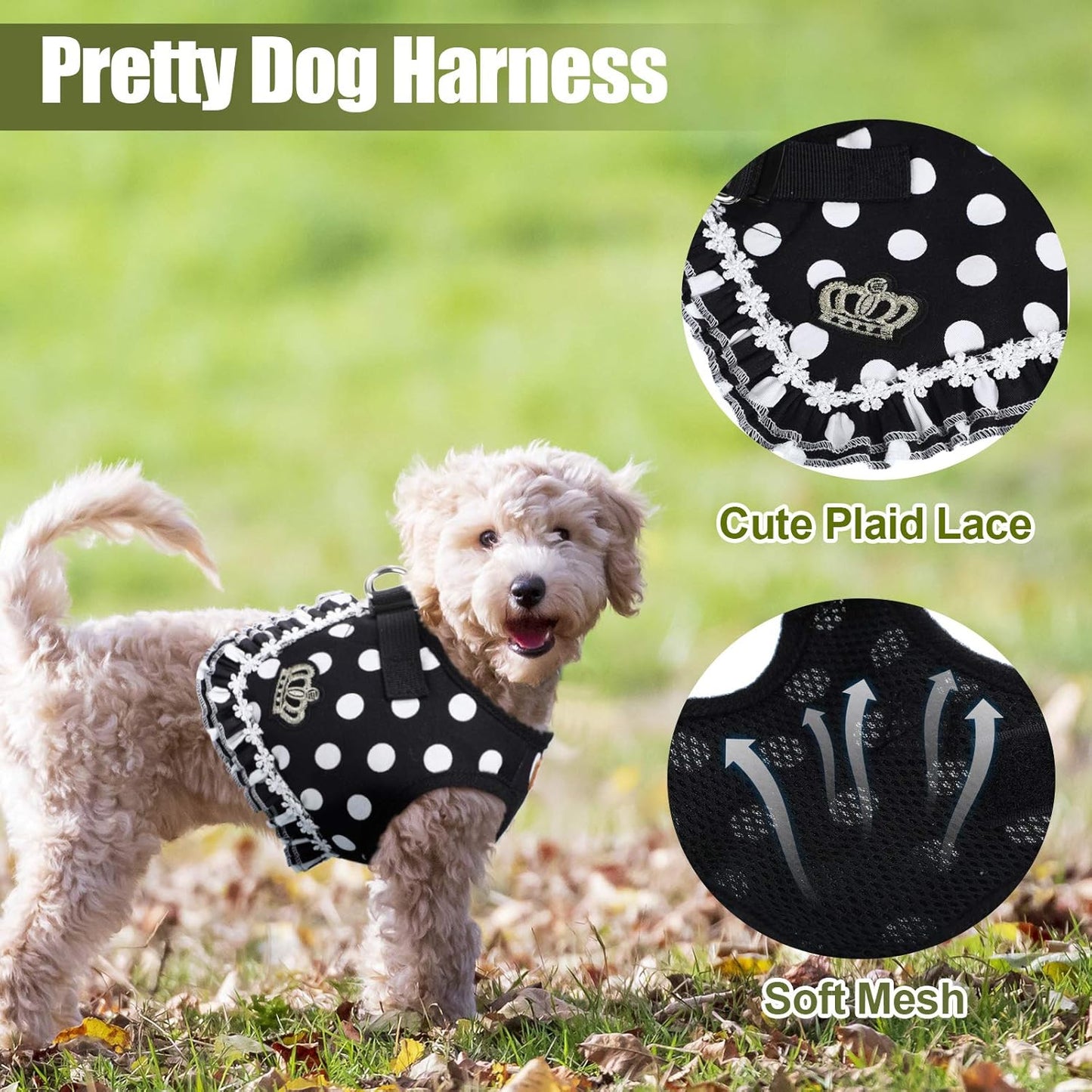 4 Pieces Cute Dog Harness and Leash Set Polka Dots Dog Vest Harness Set with Leash and Bowknot Collar Harness Set for Puppy and Cat (Pink, Black,Small)