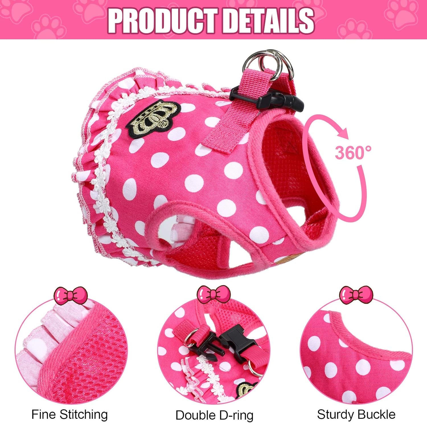 4 Pieces Cute Dog Harness and Leash Set Polka Dots Dog Vest Harness Set with Leash and Bowknot Collar Harness Set for Puppy and Cat (Pink, Black,Small)