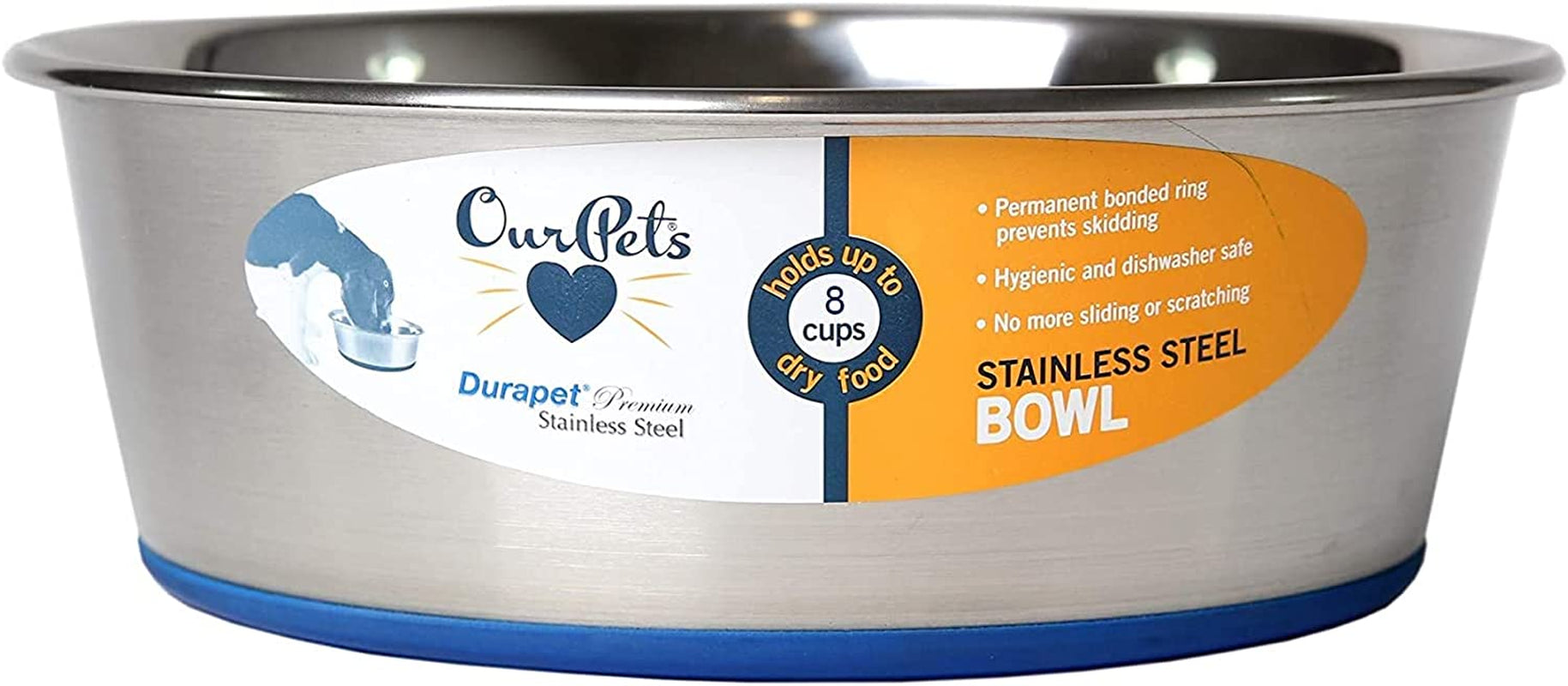 Ourpets Durapet Premium Dishwasher Safe Stainless Steel Dog Bowl for Food or Water [Multiple Sizes for Small to Large Dogs] in Traditional or Wide Base Design - 8 CUP