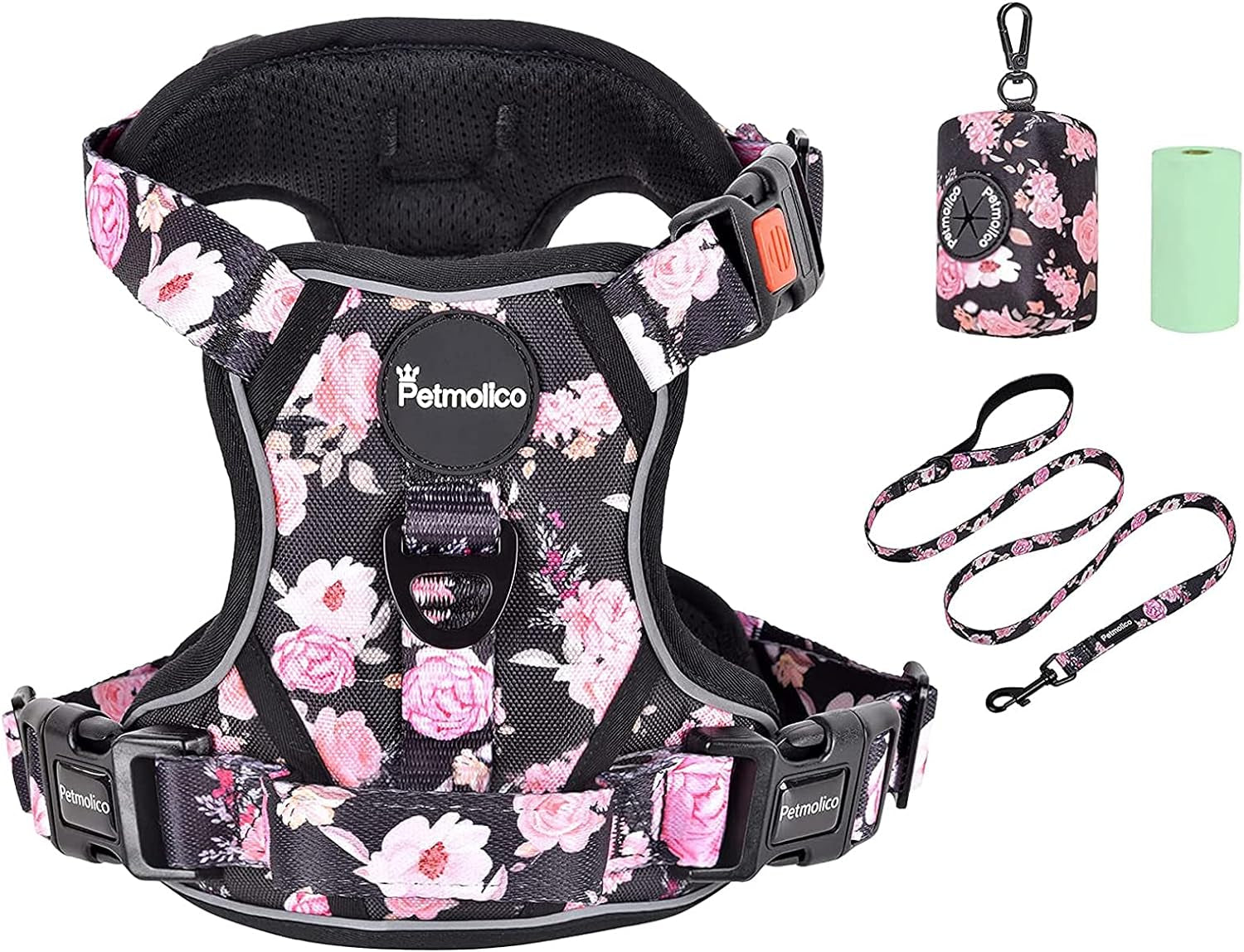 No Pull Dog Harness Set, 2 Leash Attchment Easy Control Handle Reflective Vest Dog Harness Small Breed, Small Dogs Harness and Leash Set with Poop Bag Holder, Small Pink Rose