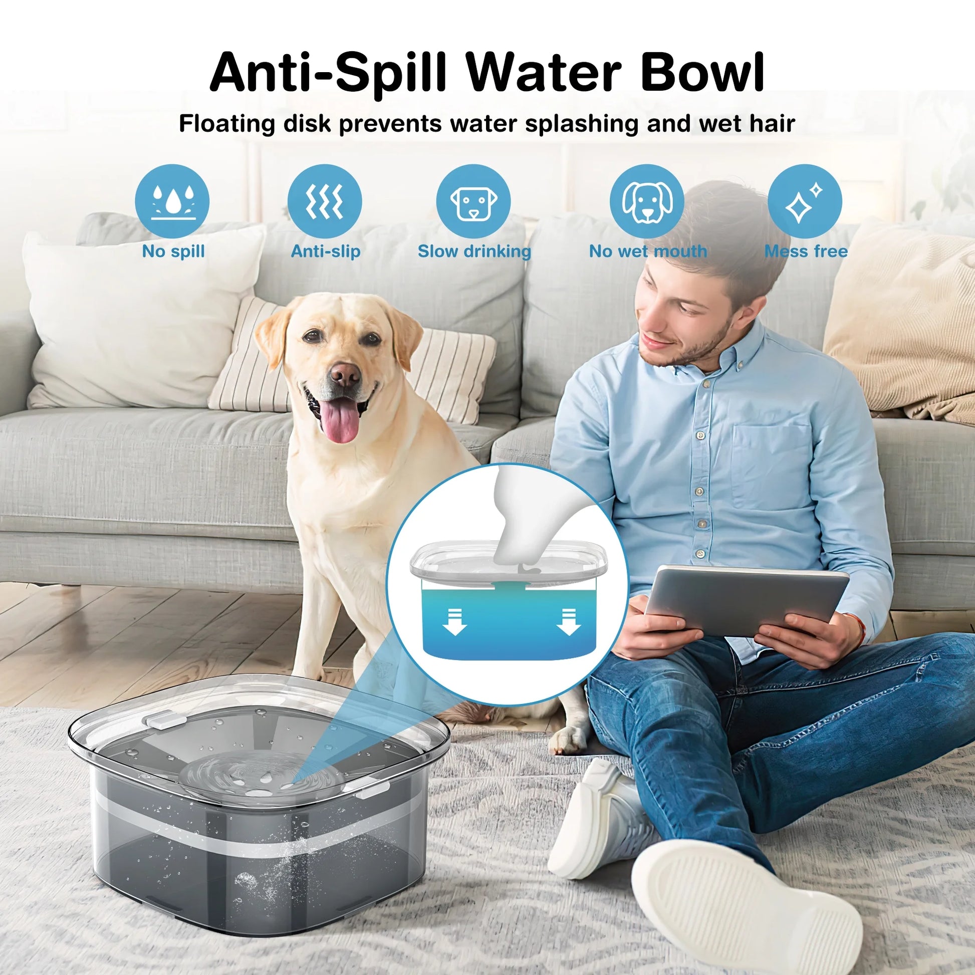 70Oz/2L Dog Water Bowl, Dog Bowl No Spill Large Capacity Slow Water Feeder, Spill Proof Pet Water Dispenser Vehicle/Outdoor/Indoor Drinking Water Bowl for Dogs and Cats