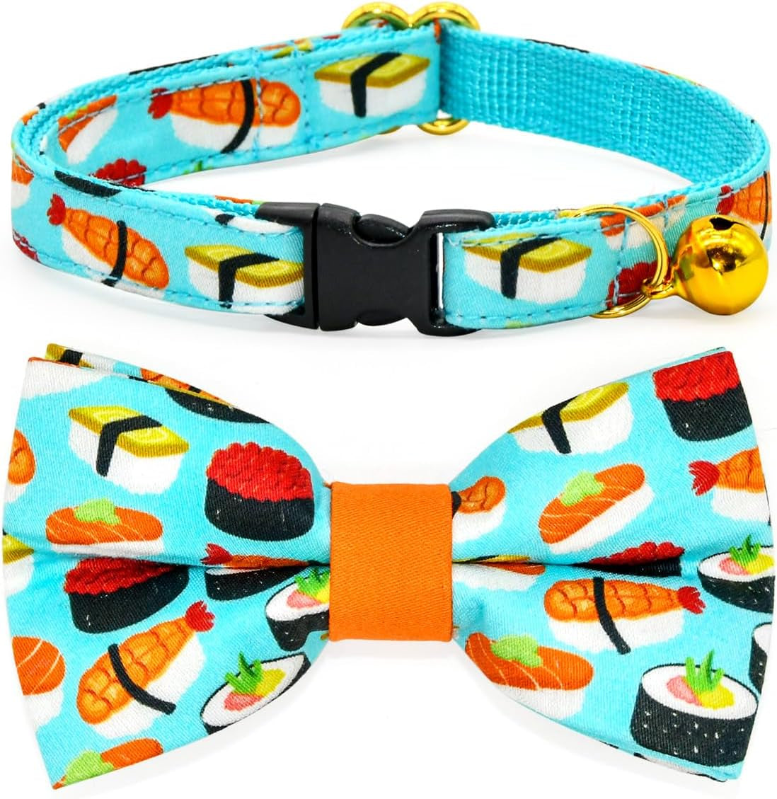 Sushi Cat Collar Bow Tie, Breakaway Safety Plastic Buckle, Bowtie Collar for Kitten (6"-10")