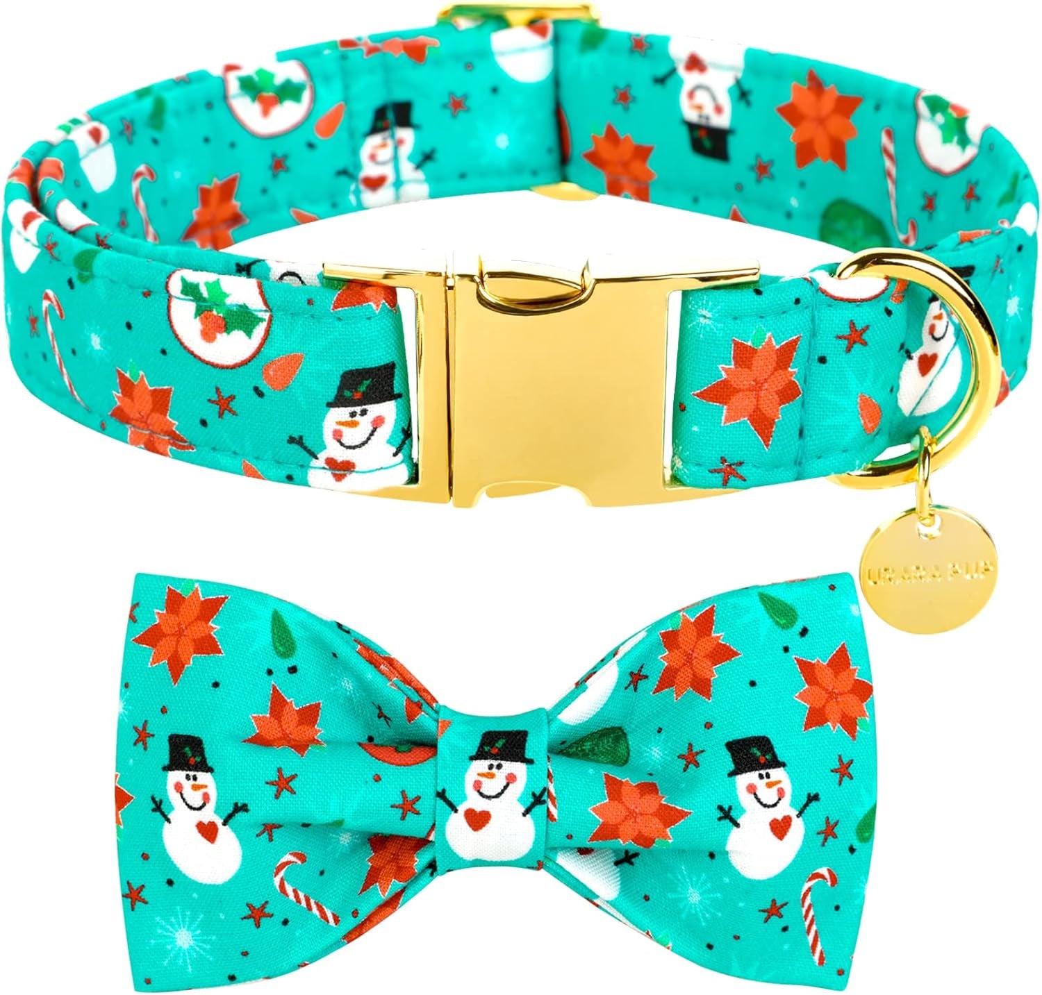 Dog Collar with Bow Tie, Christmas Comfortable Cotton Dog Bowtie Collar, Snowman Collar for Medium Girl Boy Dog, Durable Metal Buckle Green Dog Collar Bowtie, M, Neck 13.5-22In, Winter