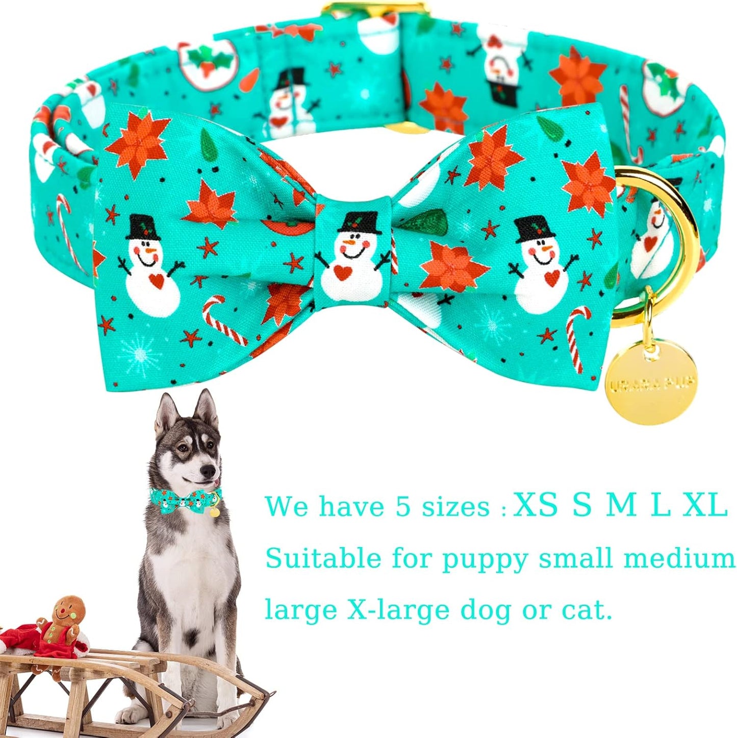 Dog Collar with Bow Tie, Christmas Comfortable Cotton Dog Bowtie Collar, Snowman Collar for Medium Girl Boy Dog, Durable Metal Buckle Green Dog Collar Bowtie, M, Neck 13.5-22In, Winter