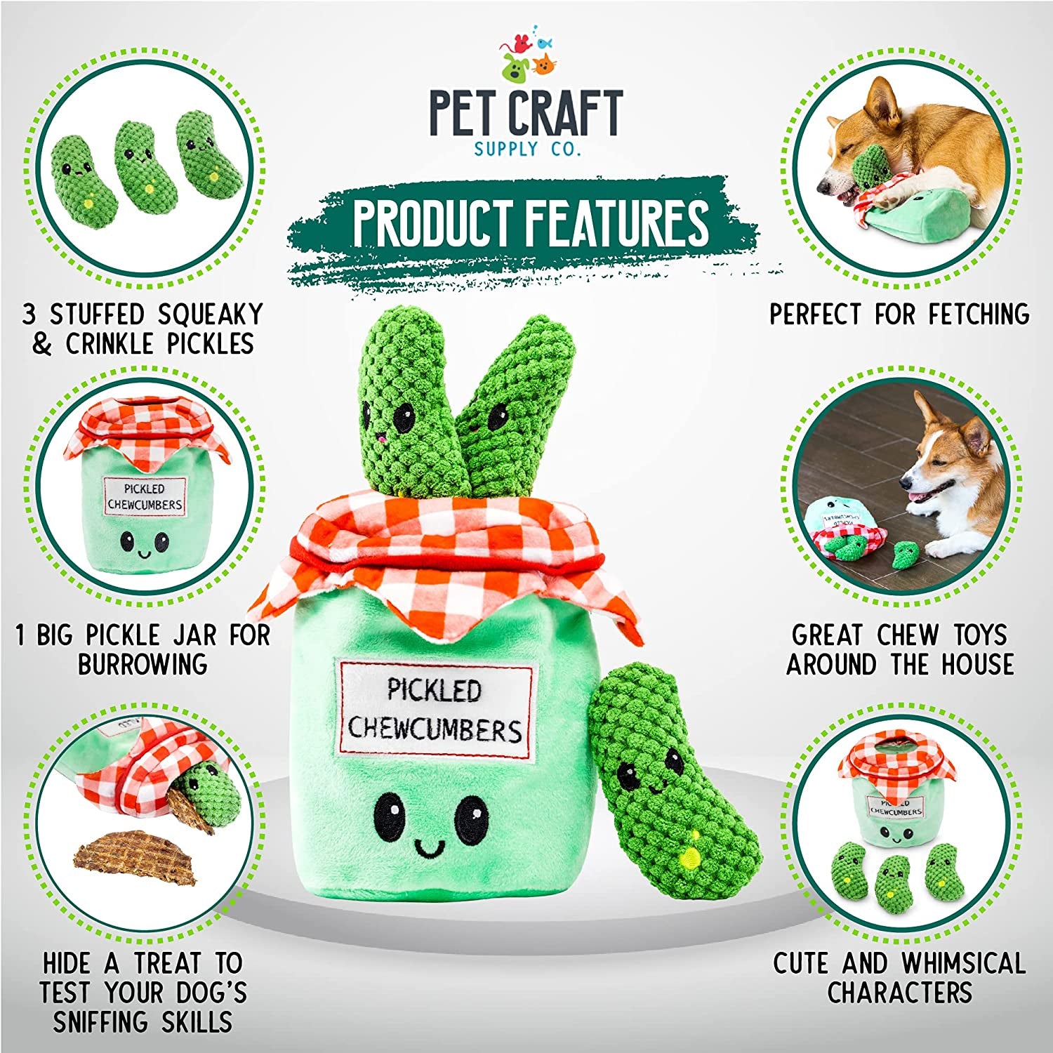 Hide and Seek Plush Dog Toys Crinkle Squeaky Interactive Burrow Activity Puzzle Chew Fetch Treat Hiding Brain Stimulating Cute Funny Toy Bundle Pack -Pickles, for Medium Breeds