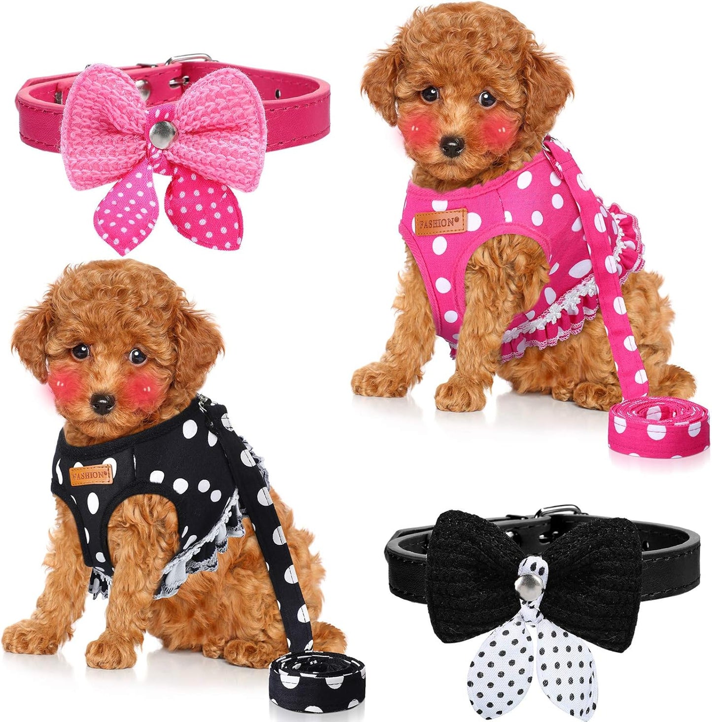 4 Pieces Cute Dog Harness and Leash Set Polka Dots Dog Vest Harness Set with Leash and Bowknot Collar Harness Set for Puppy and Cat (Pink, Black,Small)