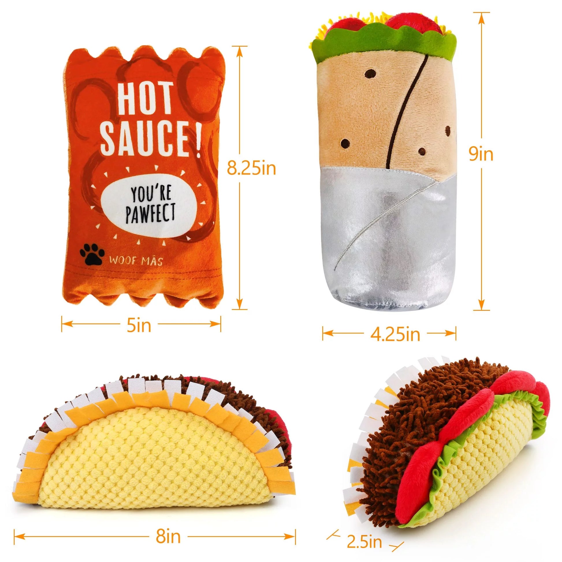 3Pcs Plush Dog Toy Set, Cute Taco Dog Squeaky Toys for Small Medium Dogs