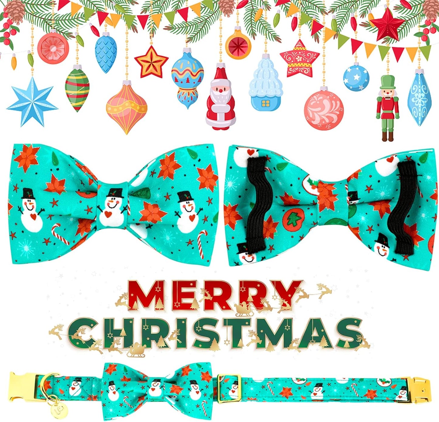 Dog Collar with Bow Tie, Christmas Comfortable Cotton Dog Bowtie Collar, Snowman Collar for Medium Girl Boy Dog, Durable Metal Buckle Green Dog Collar Bowtie, M, Neck 13.5-22In, Winter