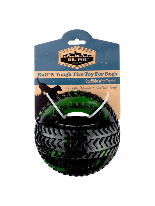 Green TPR Thread Tire Fetch & Chew Dog Toy for All Dogs. Play, Toss & Tug. 4.5"